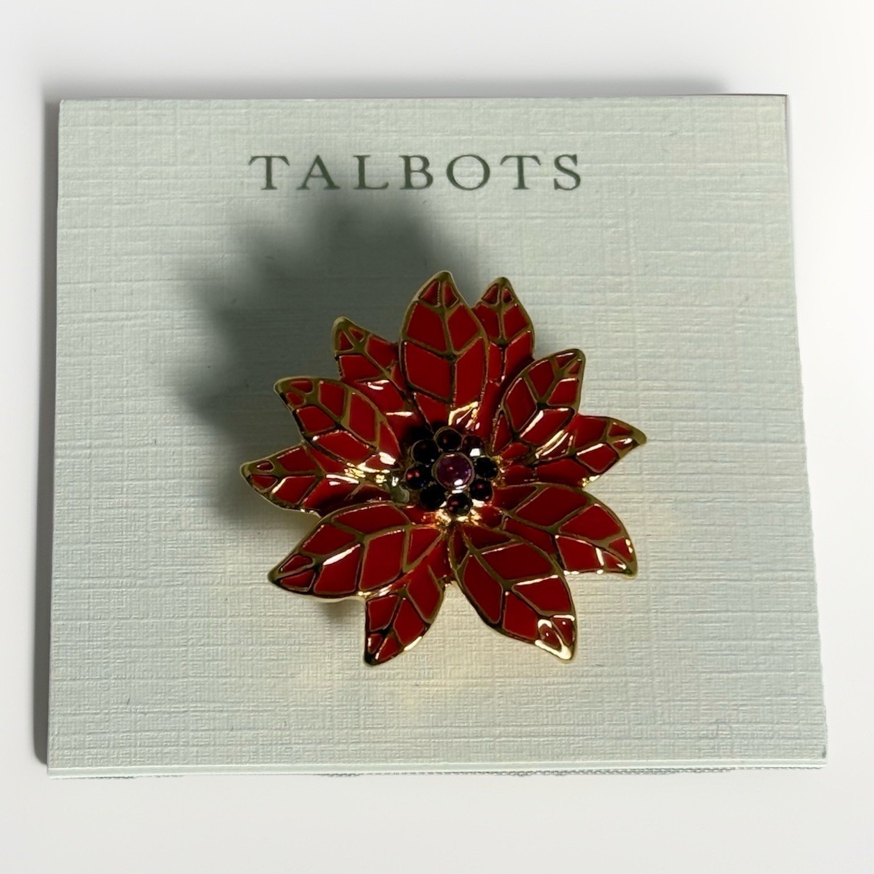 Talbots Red Poinsettia Flower Brooch Christmas Pin Gold Nwt And Original Box